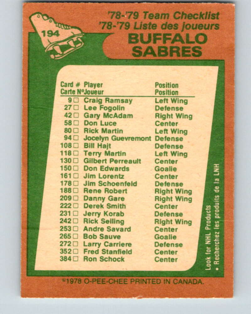 1978-79 O-Pee-Chee #194 Buffalo Sabres TC   V23623