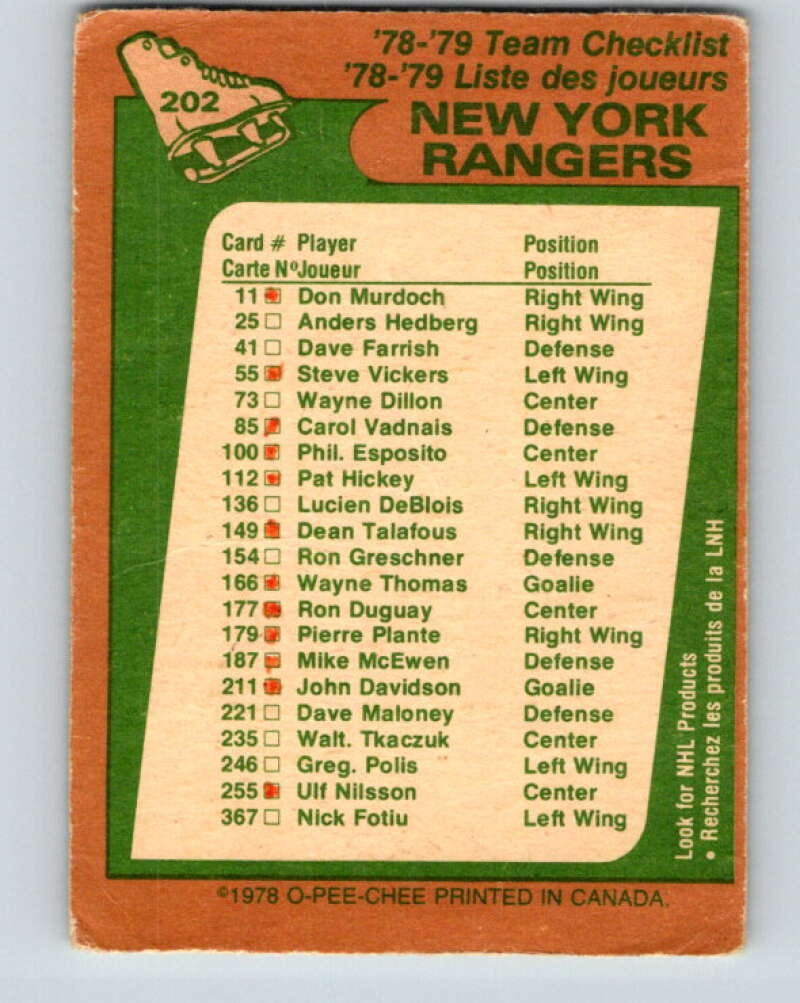 1978-79 O-Pee-Chee #202 New York Rangers TC   V23738