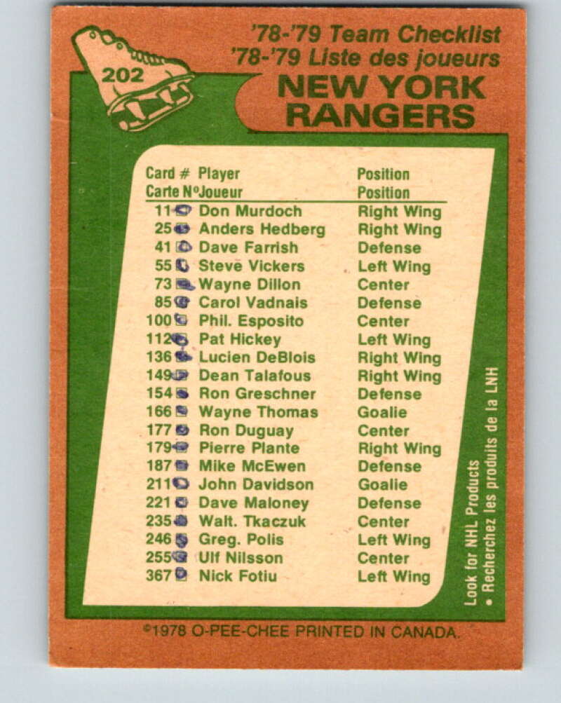 1978-79 O-Pee-Chee #202 New York Rangers TC   V23740