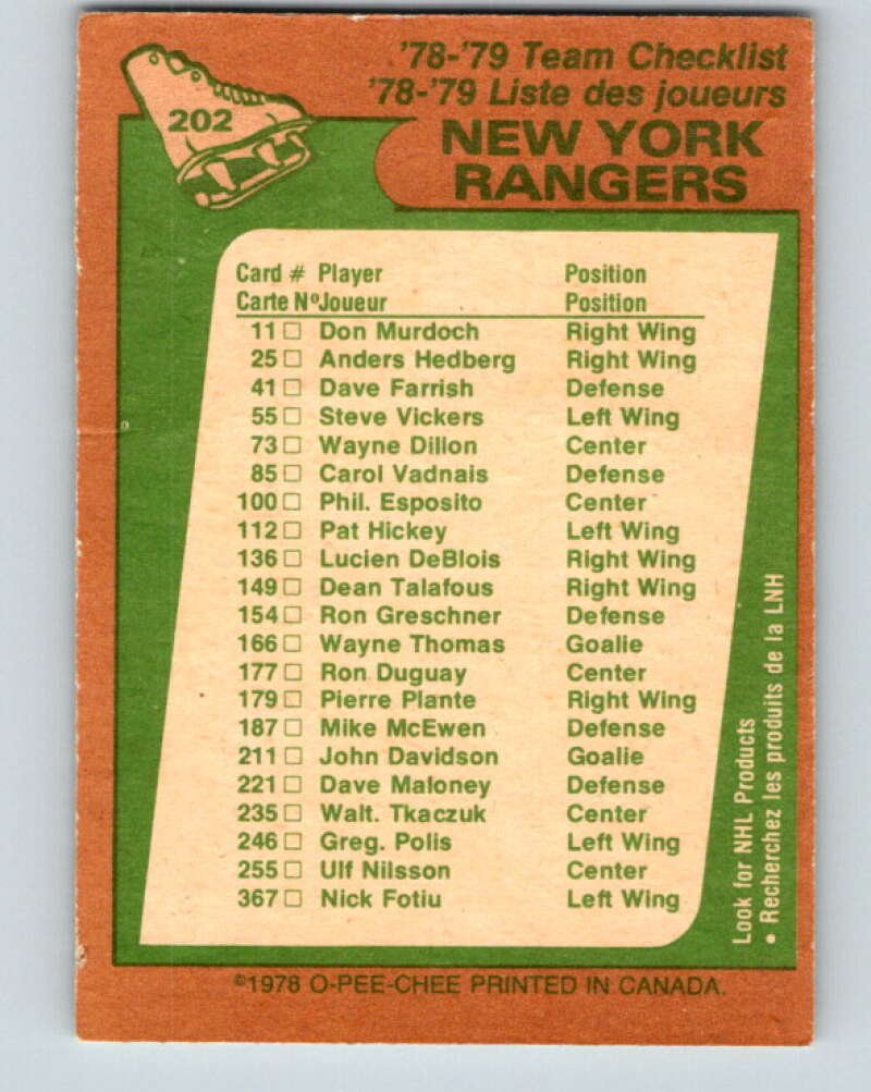 1978-79 O-Pee-Chee #202 New York Rangers TC   V23741