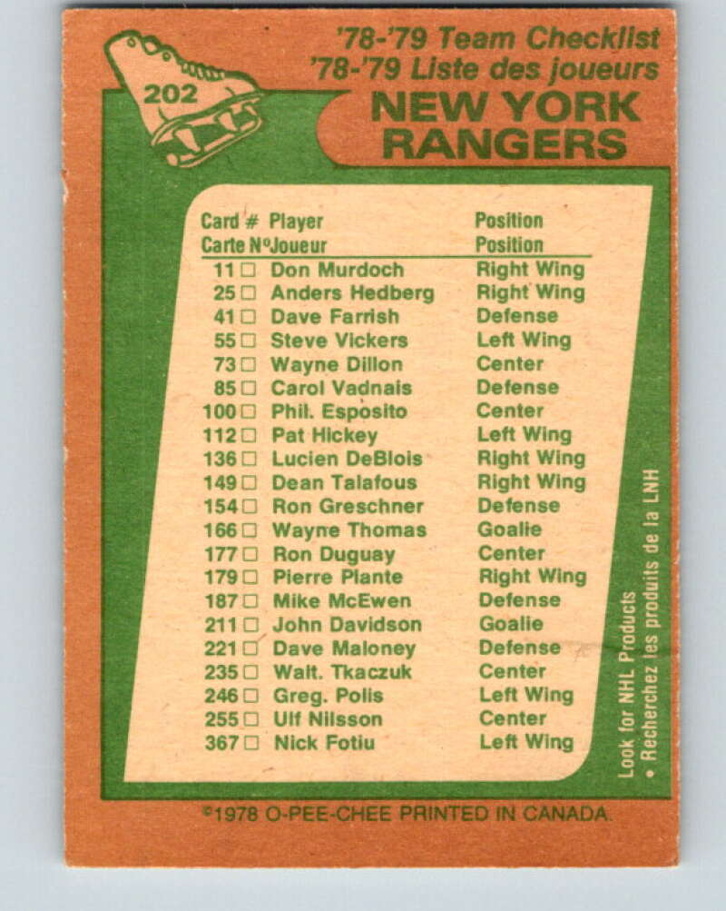 1978-79 O-Pee-Chee #202 New York Rangers TC   V23742