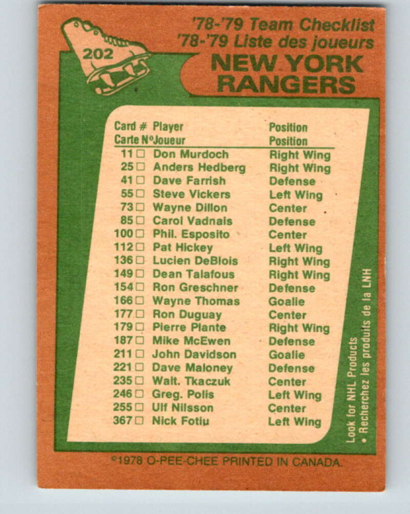 1978-79 O-Pee-Chee #202 New York Rangers TC   V23743