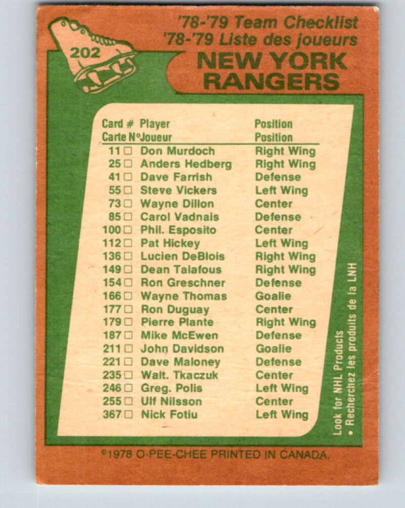 1978-79 O-Pee-Chee #202 New York Rangers TC   V23744