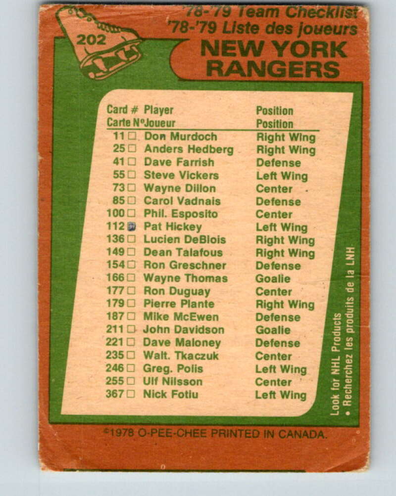 1978-79 O-Pee-Chee #202 New York Rangers TC   V23745