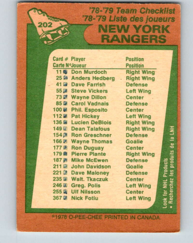 1978-79 O-Pee-Chee #202 New York Rangers TC   V23746