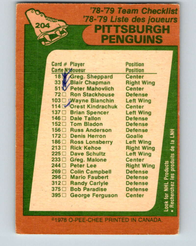 1978-79 O-Pee-Chee #204 Pittsburgh Penguins TC   V23764