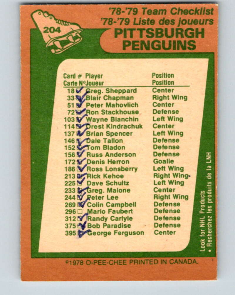 1978-79 O-Pee-Chee #204 Pittsburgh Penguins TC   V23766