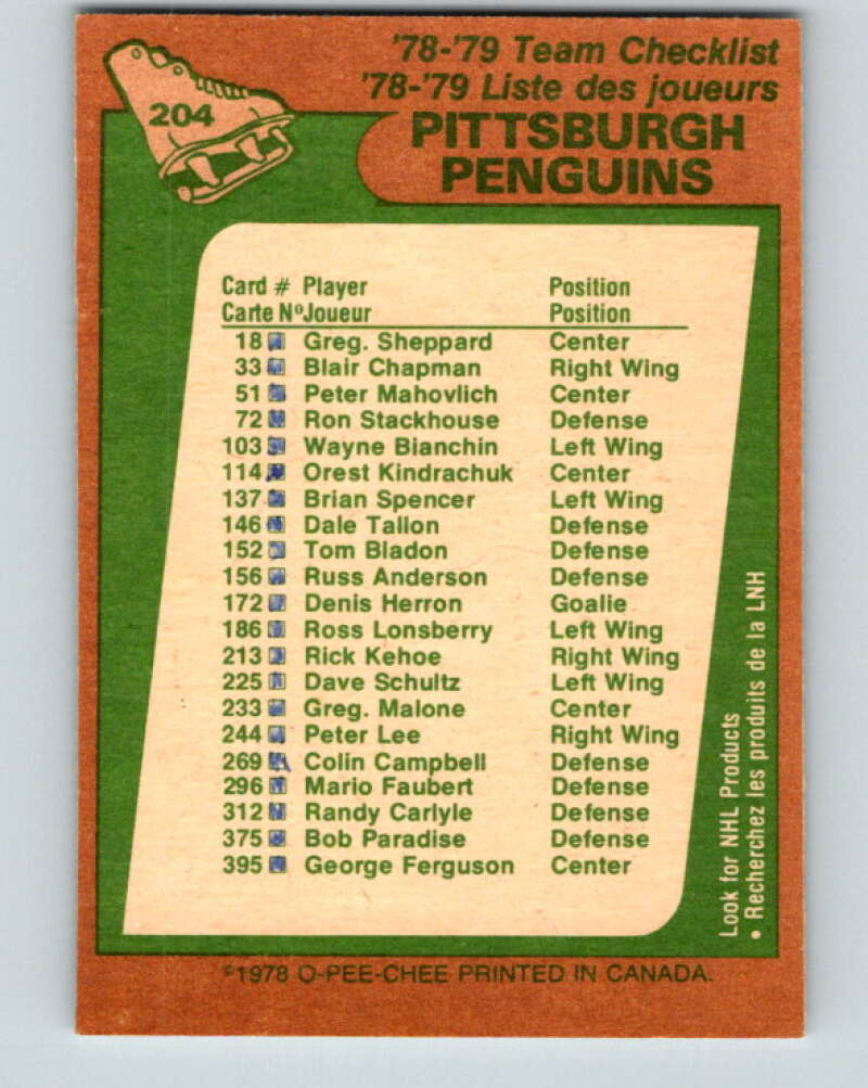 1978-79 O-Pee-Chee #204 Pittsburgh Penguins TC   V23768