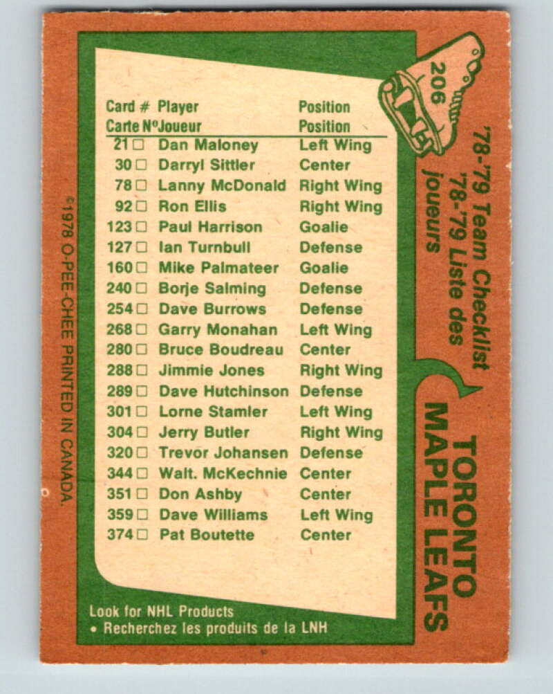 1978-79 O-Pee-Chee #206 Toronto Maple Leafs TC   V23792