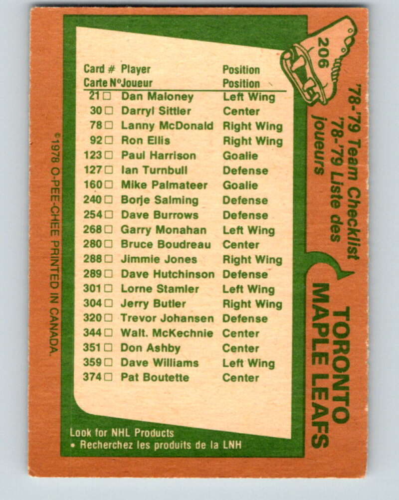 1978-79 O-Pee-Chee #206 Toronto Maple Leafs TC   V23794