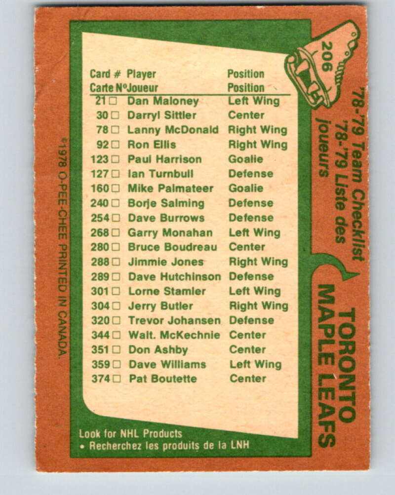 1978-79 O-Pee-Chee #206 Toronto Maple Leafs TC   V23799