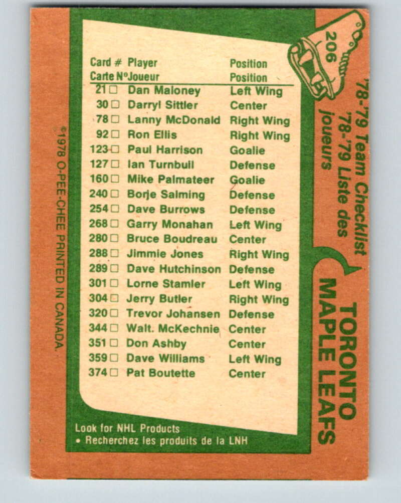 1978-79 O-Pee-Chee #206 Toronto Maple Leafs TC   V23801