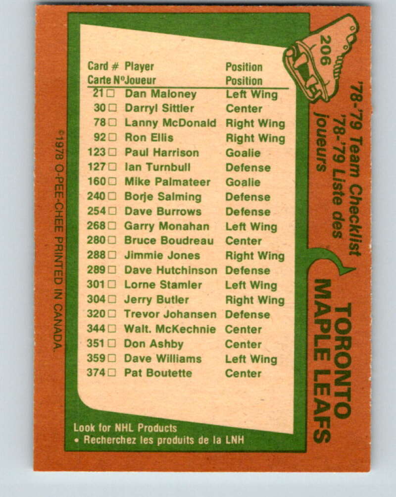 1978-79 O-Pee-Chee #206 Toronto Maple Leafs TC   V23803