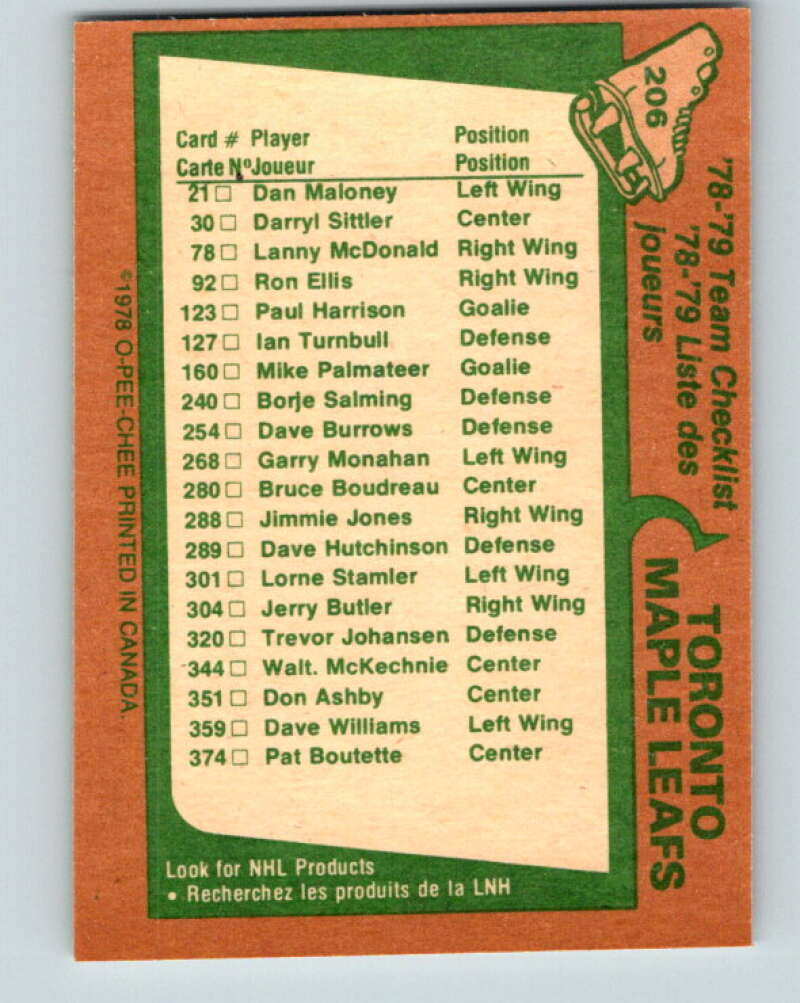 1978-79 O-Pee-Chee #206 Toronto Maple Leafs TC   V23804