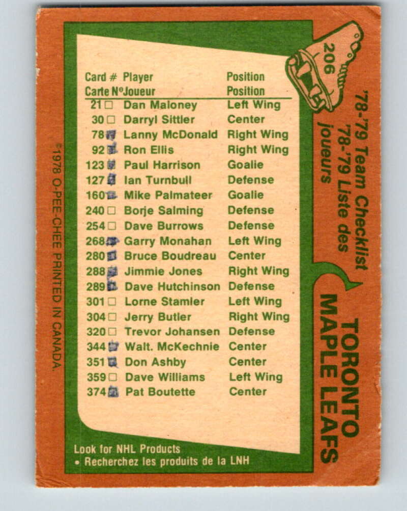 1978-79 O-Pee-Chee #206 Toronto Maple Leafs TC   V23806