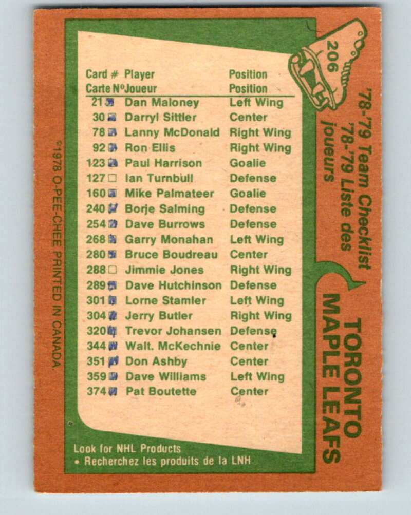 1978-79 O-Pee-Chee #206 Toronto Maple Leafs TC   V23807