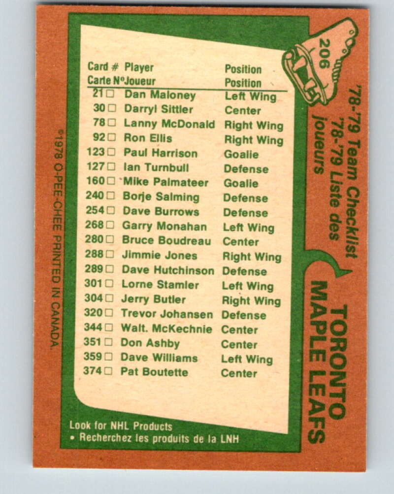 1978-79 O-Pee-Chee #206 Toronto Maple Leafs TC   V23808