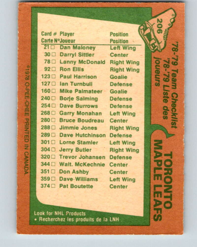 1978-79 O-Pee-Chee #206 Toronto Maple Leafs TC   V23809