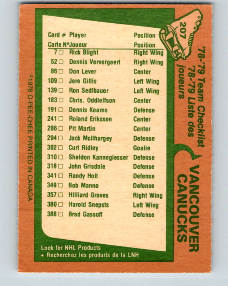 1978-79 O-Pee-Chee #207 Vancouver Canucks TC   V23812