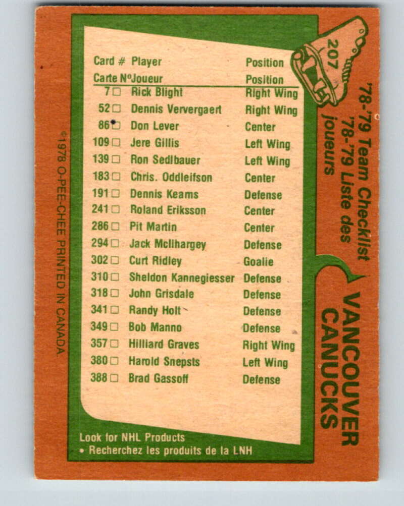 1978-79 O-Pee-Chee #207 Vancouver Canucks TC   V23813
