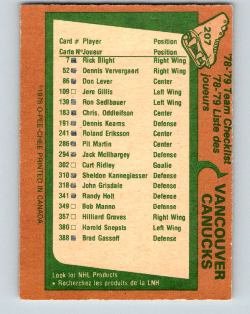 1978-79 O-Pee-Chee #207 Vancouver Canucks TC   V23815