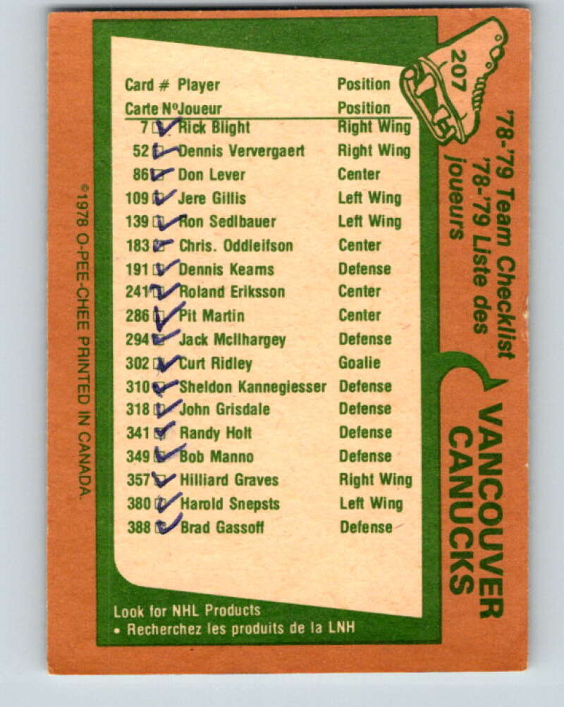 1978-79 O-Pee-Chee #207 Vancouver Canucks TC   V23816