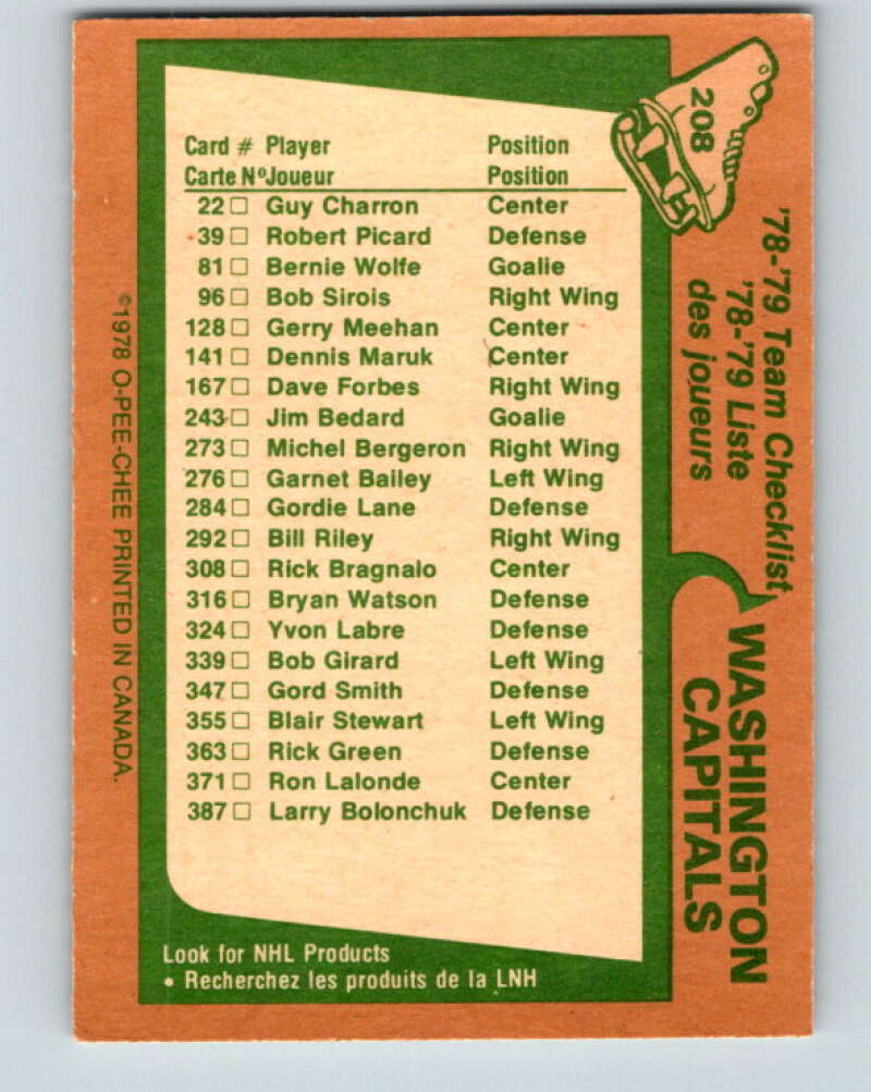 1978-79 O-Pee-Chee #208 Washington Capitals TC   V23824