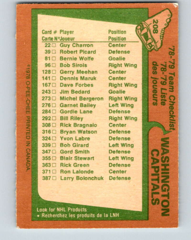 1978-79 O-Pee-Chee #208 Washington Capitals TC   V23825
