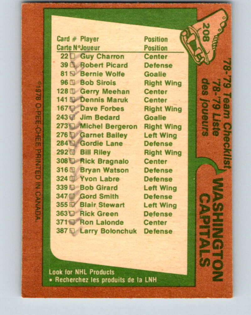 1978-79 O-Pee-Chee #208 Washington Capitals TC   V23826
