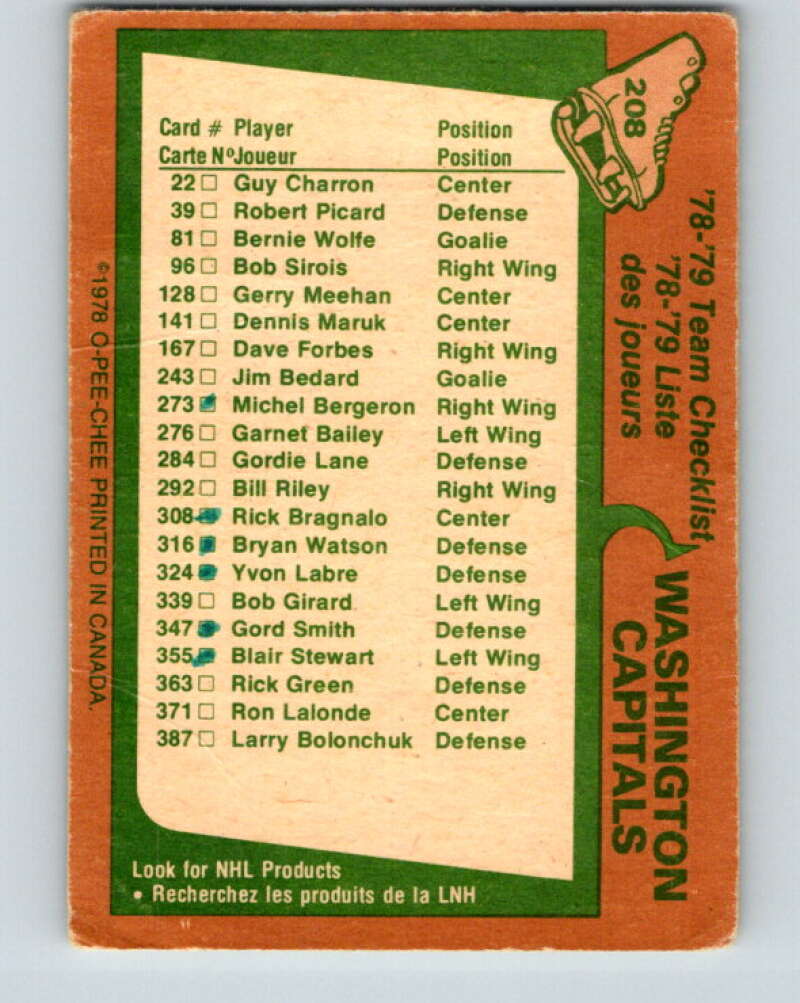 1978-79 O-Pee-Chee #208 Washington Capitals TC   V23827