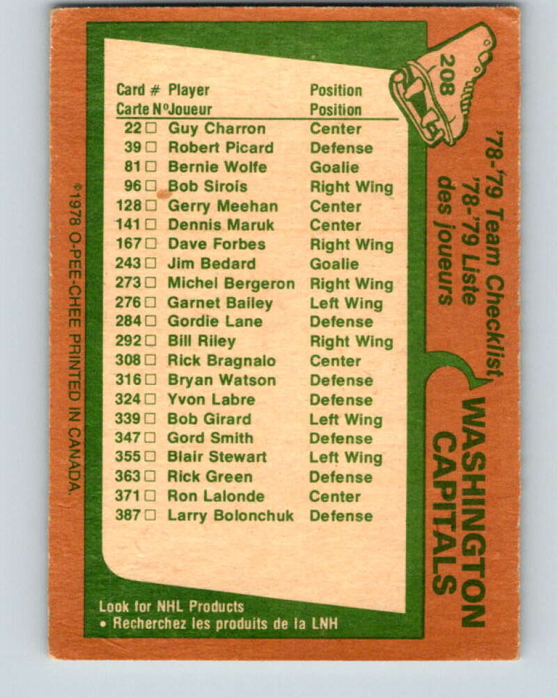 1978-79 O-Pee-Chee #208 Washington Capitals TC   V23828