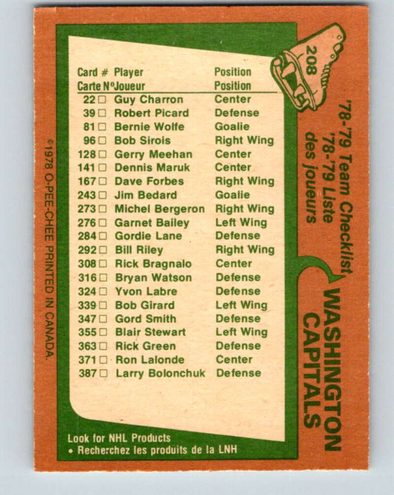 1978-79 O-Pee-Chee #208 Washington Capitals TC   V23830