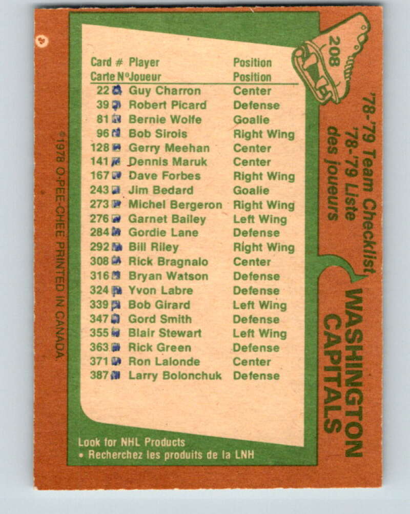 1978-79 O-Pee-Chee #208 Washington Capitals TC   V23831