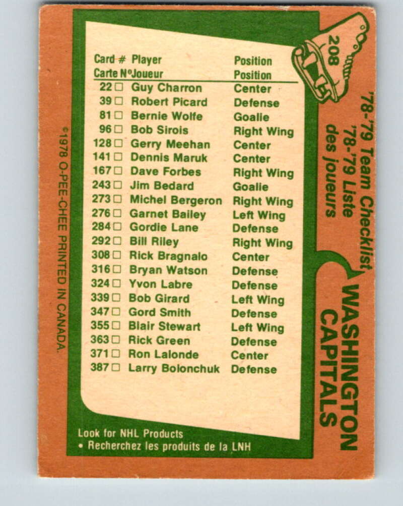 1978-79 O-Pee-Chee #208 Washington Capitals TC   V23832