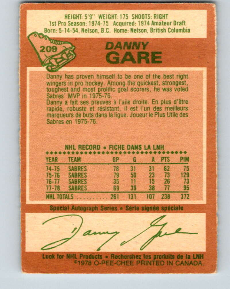 1978-79 O-Pee-Chee #209 Danny Gare  Buffalo Sabres  V23834
