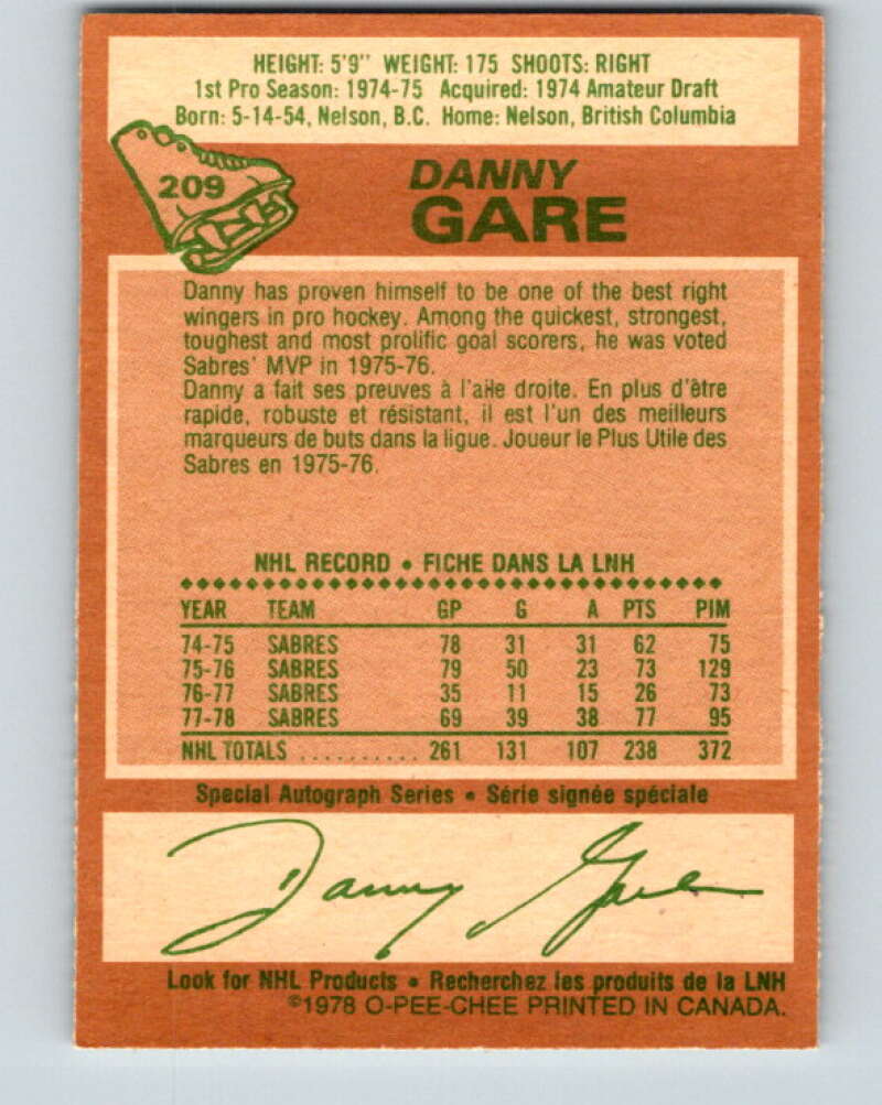 1978-79 O-Pee-Chee #209 Danny Gare  Buffalo Sabres  V23836