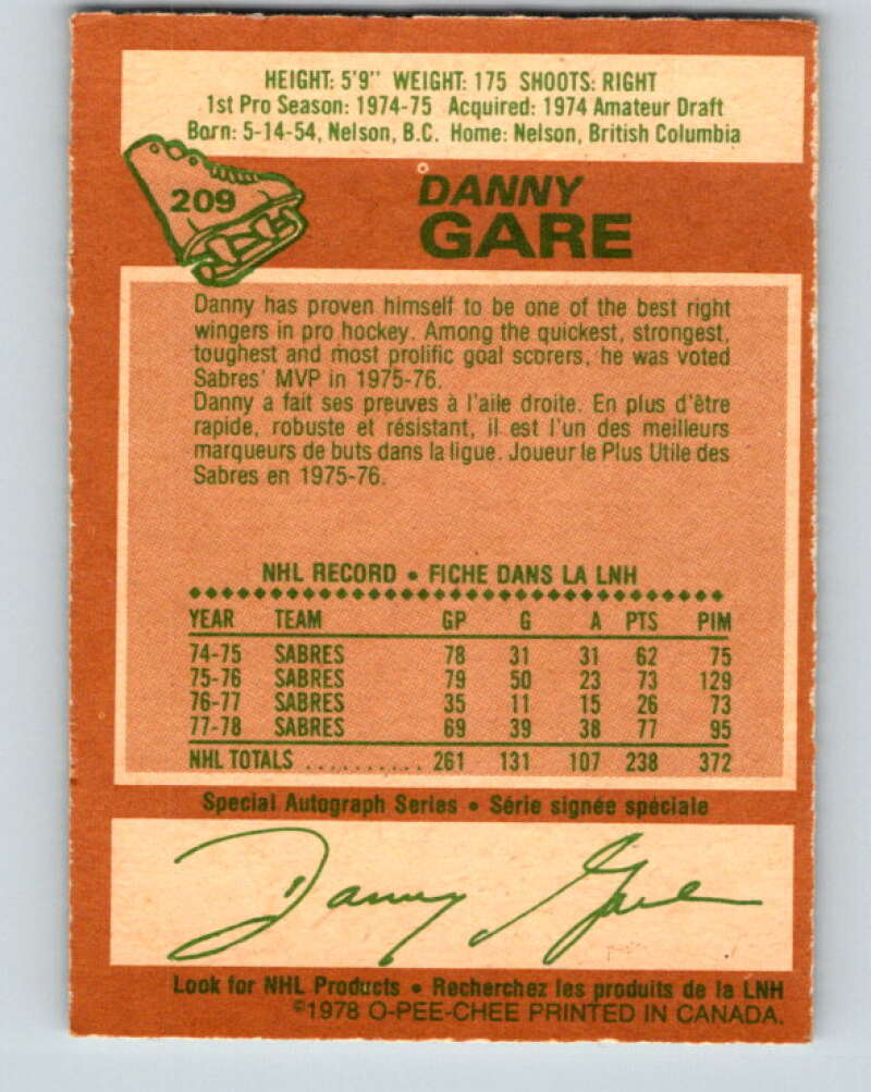 1978-79 O-Pee-Chee #209 Danny Gare  Buffalo Sabres  V23840