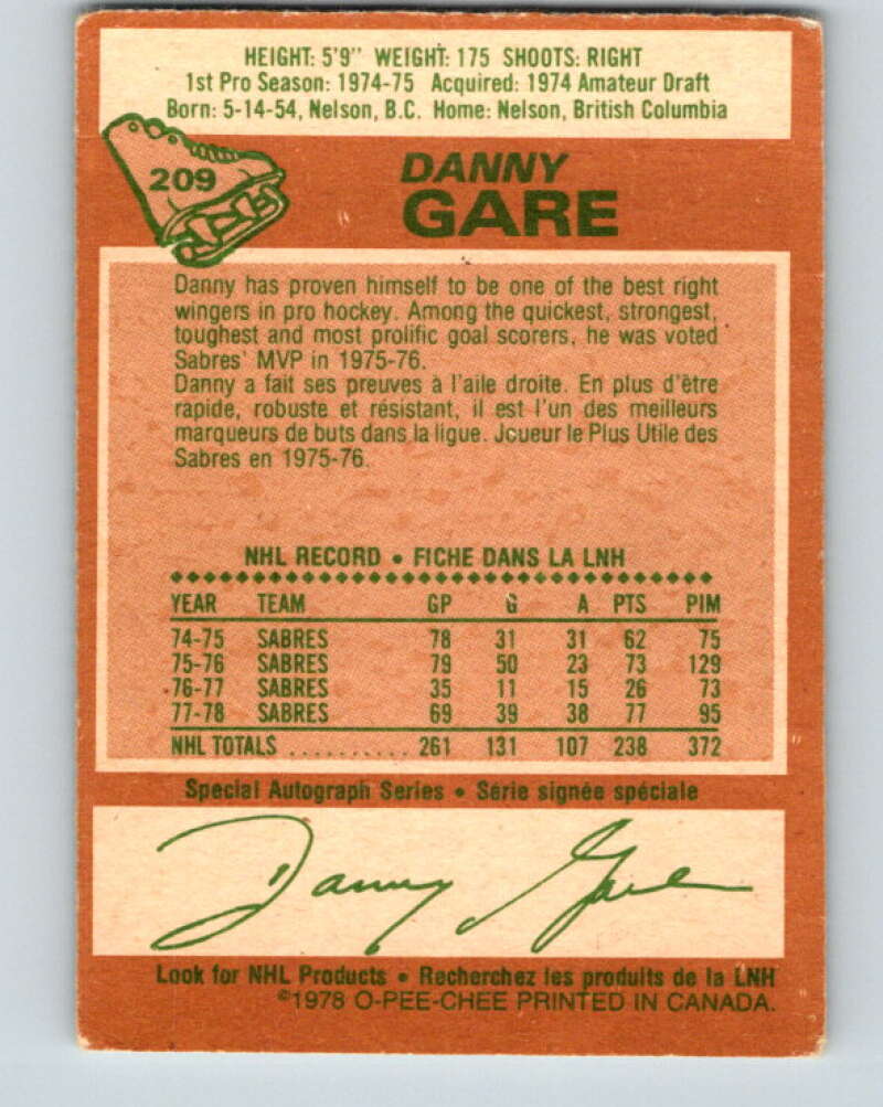 1978-79 O-Pee-Chee #209 Danny Gare  Buffalo Sabres  V23841