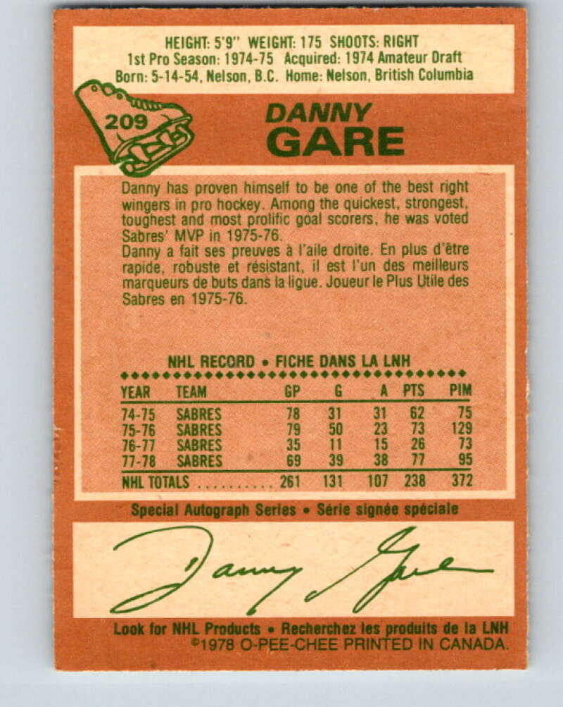 1978-79 O-Pee-Chee #209 Danny Gare  Buffalo Sabres  V23845