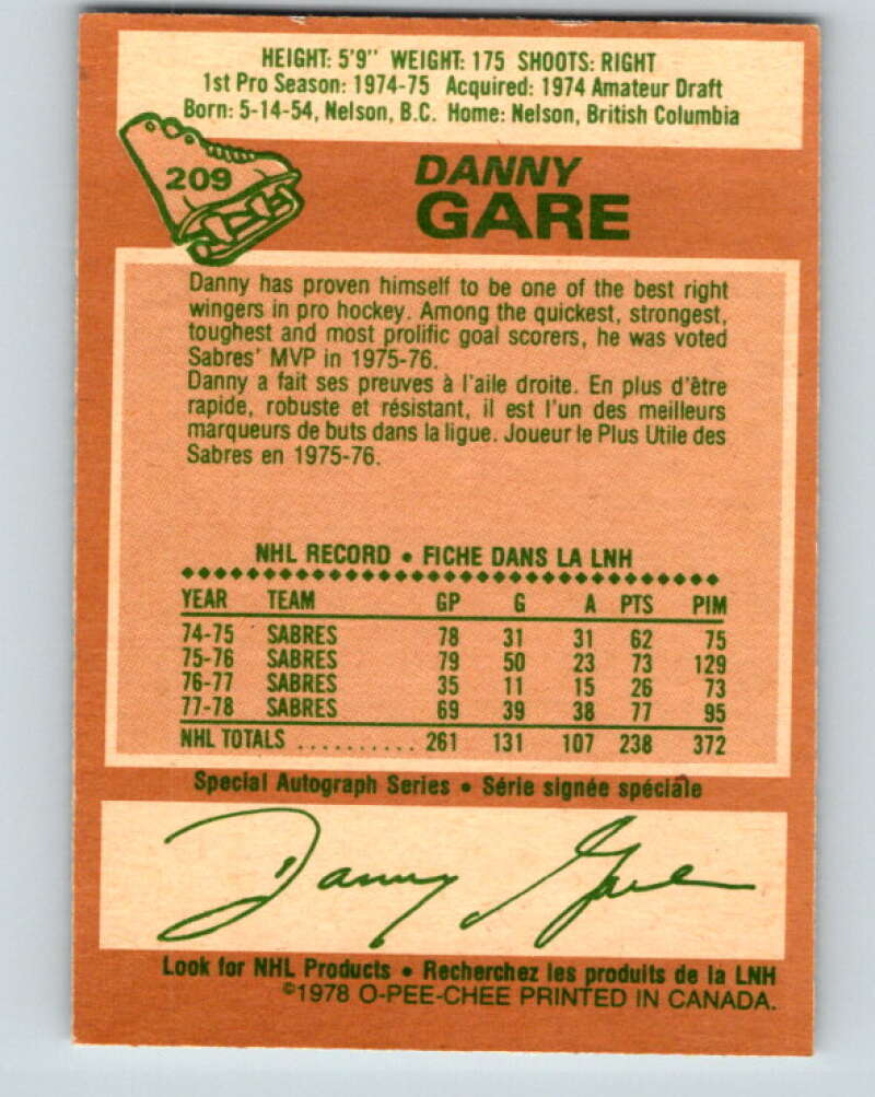 1978-79 O-Pee-Chee #209 Danny Gare  Buffalo Sabres  V23846