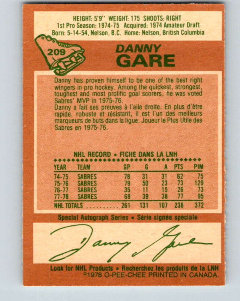 1978-79 O-Pee-Chee #209 Danny Gare  Buffalo Sabres  V23847
