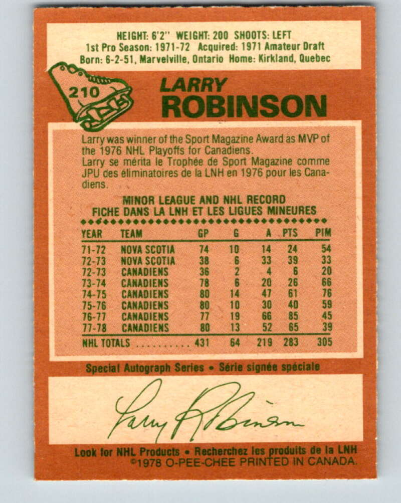1978-79 O-Pee-Chee #210 Larry Robinson  Montreal Canadiens  V23848