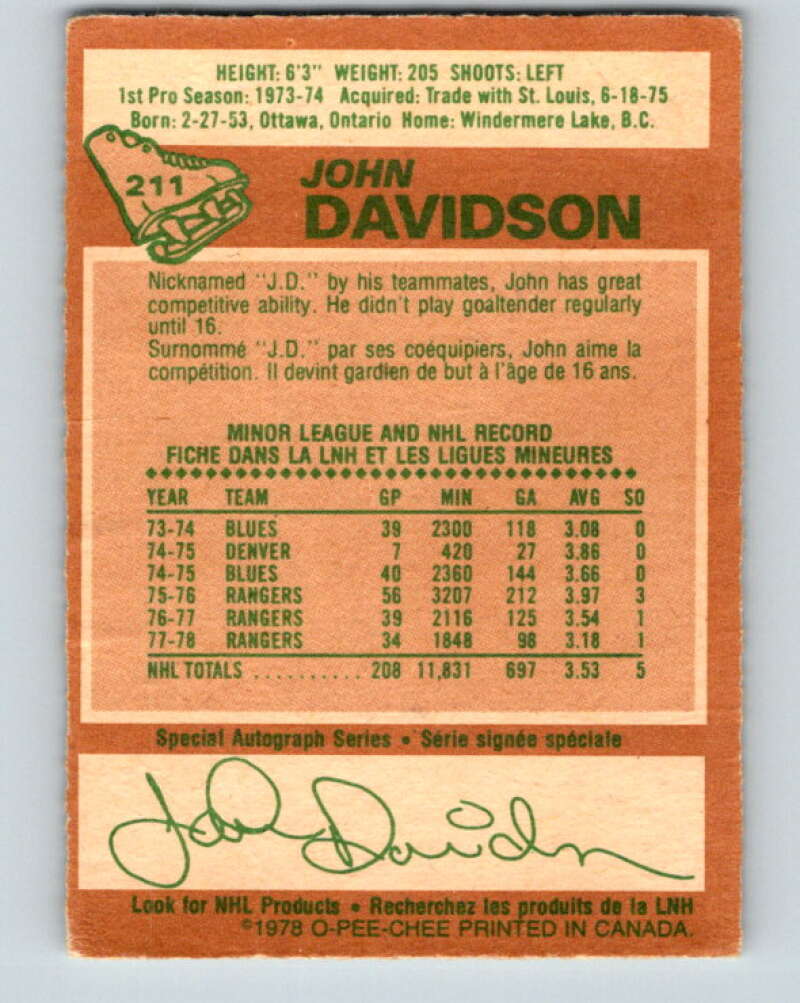 1978-79 O-Pee-Chee #211 John Davidson  New York Rangers  V23853