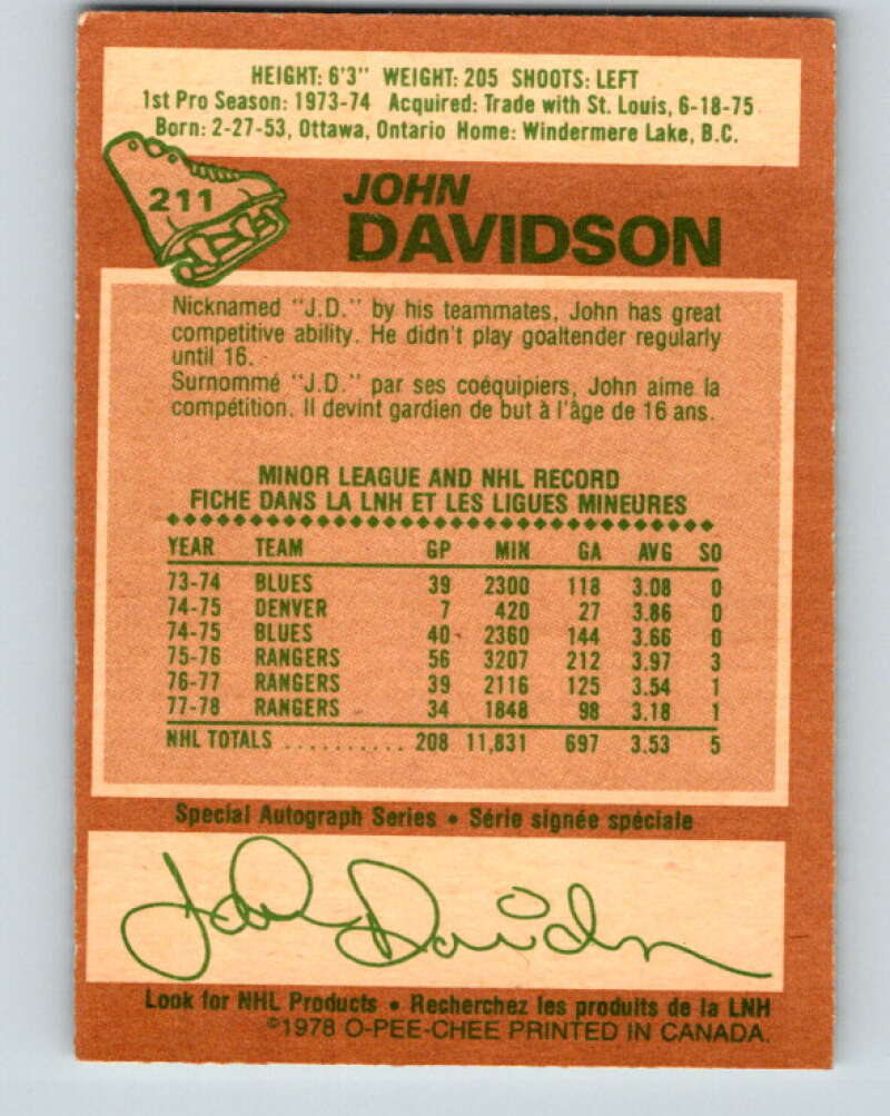 1978-79 O-Pee-Chee #211 John Davidson  New York Rangers  V23855