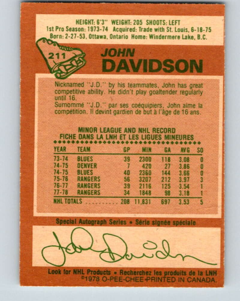 1978-79 O-Pee-Chee #211 John Davidson  New York Rangers  V23856