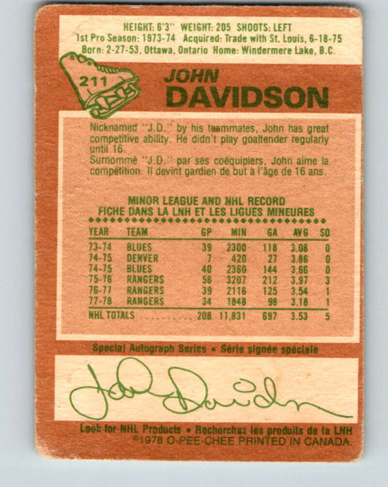 1978-79 O-Pee-Chee #211 John Davidson  New York Rangers  V23857