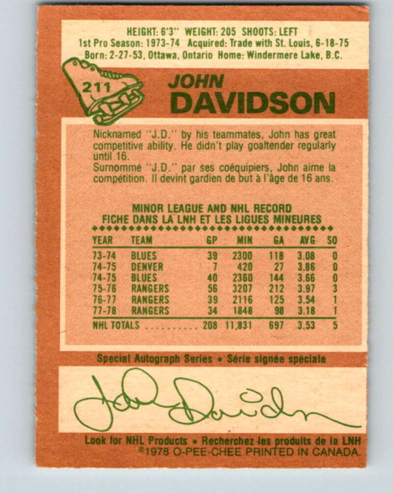 1978-79 O-Pee-Chee #211 John Davidson  New York Rangers  V23858