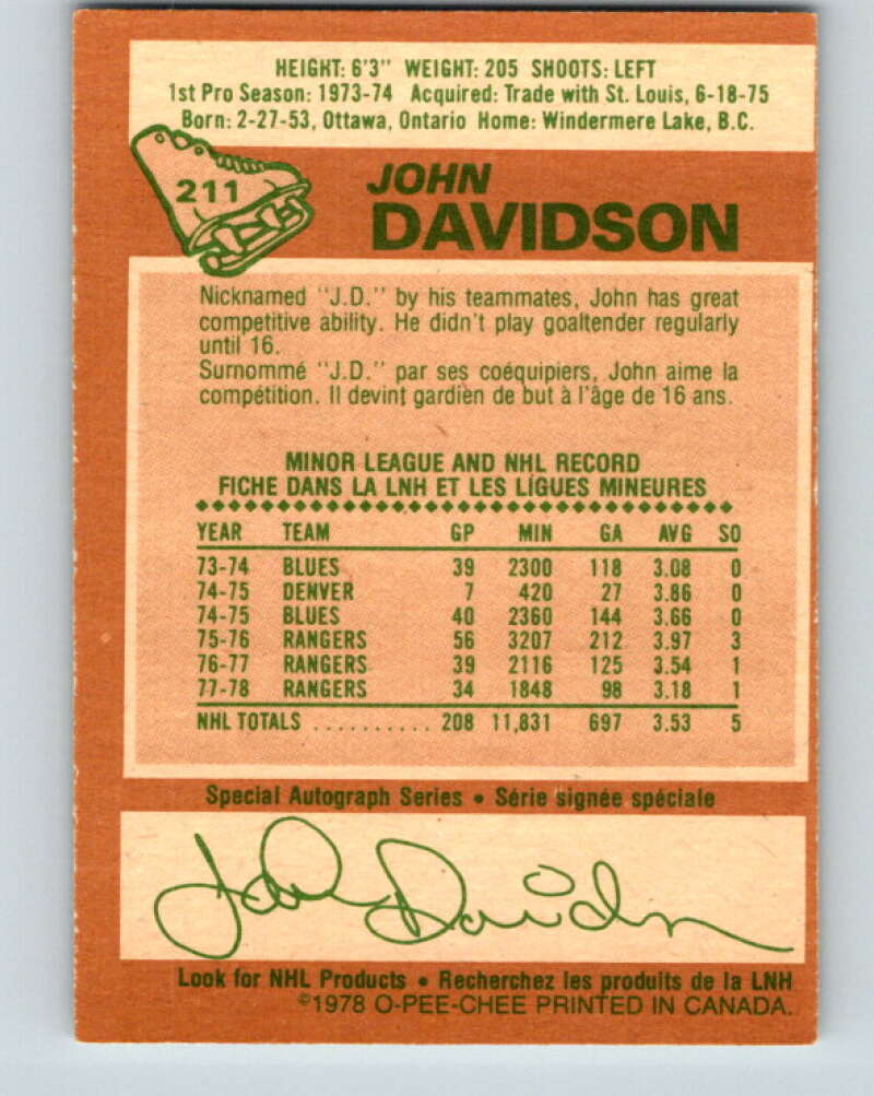 1978-79 O-Pee-Chee #211 John Davidson  New York Rangers  V23859