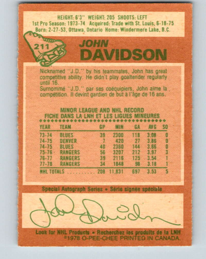 1978-79 O-Pee-Chee #211 John Davidson  New York Rangers  V23860