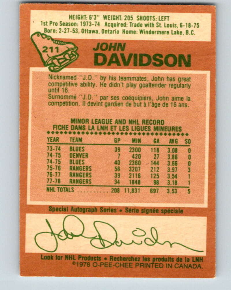 1978-79 O-Pee-Chee #211 John Davidson  New York Rangers  V23861